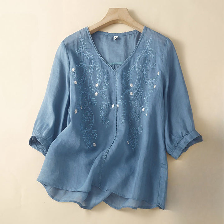 Camiseta de mujer de manga corta con cuello en V y estampado de ramas florales bordadas, estilo casual veraniego con Buddha Stones. - Azul acero - US8-10，UK/AU12-14，EU40-42 (2XL) - image 1