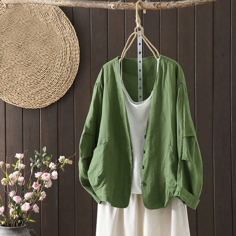 Chaqueta de mujer con cuello en V, color liso y estampado de Buddha Stones, con bolsillos. - Verde mar medio - US14，UK/AU18，EU46 (2XL) - image 17