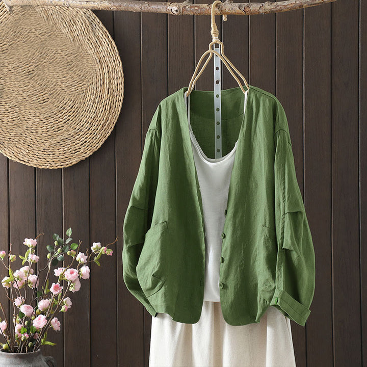 Chaqueta de mujer con cuello en V, color liso y estampado de Buddha Stones, con bolsillos. - Verde mar medio - US14，UK/AU18，EU46 (2XL) - image 17