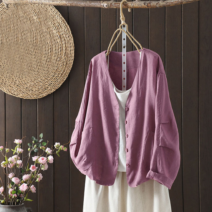 Chaqueta de mujer con cuello en V, color liso y estampado de Buddha Stones, con bolsillos. - Rojo violeta pálido - US14，UK/AU18，EU46 (2XL) - image 6