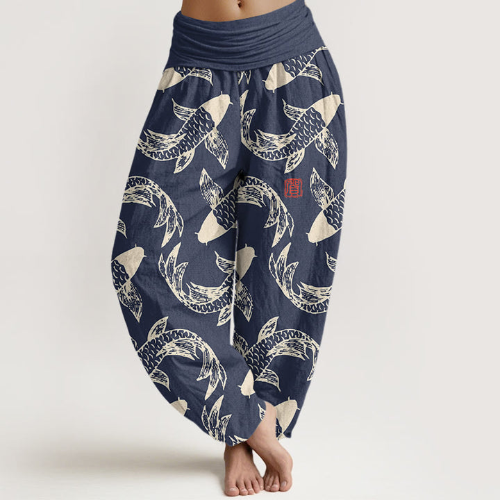 Pantalón tipo harem de cintura elástica para mujer con estampado de peces koi y Buddha Stones, de algodón puro. - Azul acero - US16，UK/AU20，EU48 (3XL) - image 0