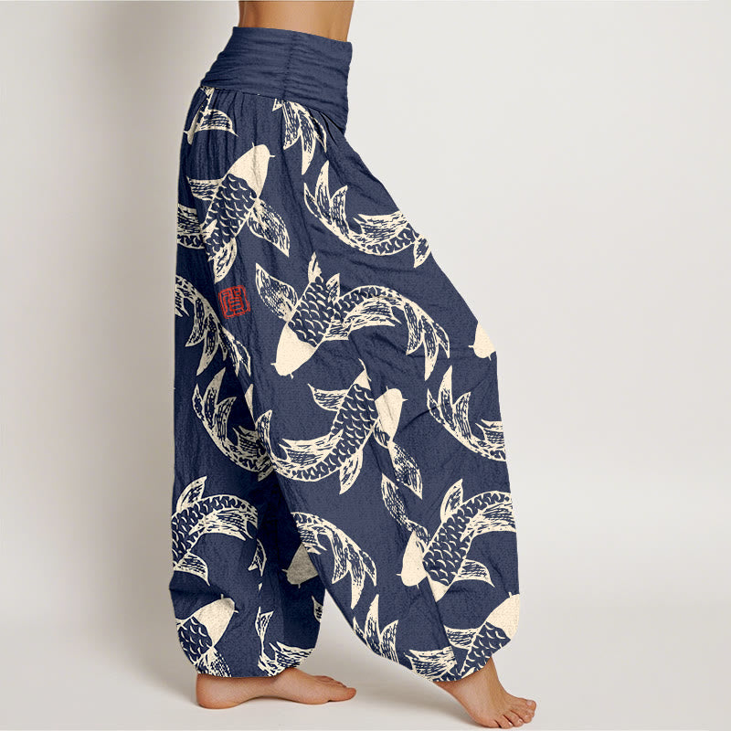 Pantalón tipo harem de cintura elástica para mujer con estampado de peces koi y Buddha Stones, de algodón puro. - image 2
