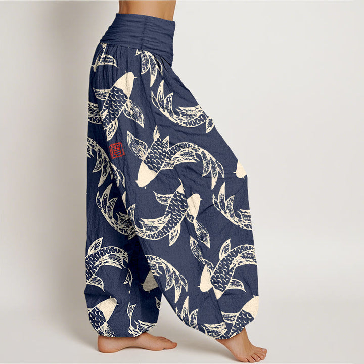 Pantalón tipo harem de cintura elástica para mujer con estampado de peces koi y Buddha Stones, de algodón puro. - image 2