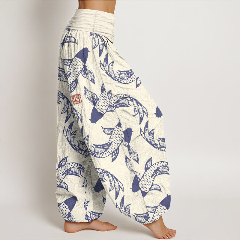 Pantalón tipo harem de cintura elástica para mujer con estampado de peces koi y Buddha Stones, de algodón puro. - image 7