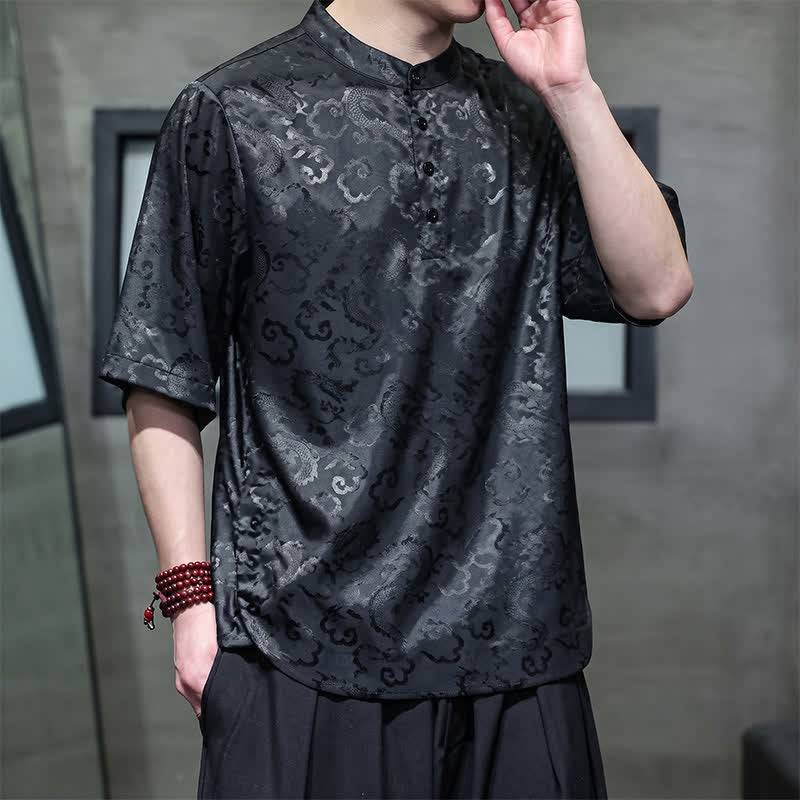 Buddha Stones Camisas de manga corta para hombre estilo Tang vintage de verano con cuello mandarín y estampado de nubes de dragón. - image 1