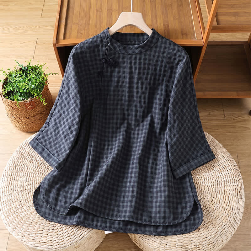 Buddha Stones Camisas de manga tres cuartos para mujer, estilo casual Tang, con cuello mandarín y estampado a cuadros negros, ideales para primavera y verano. - Gris pizarra oscuro - US8-10, UK/AU12-14, EU40-42 (2XL) - image 0