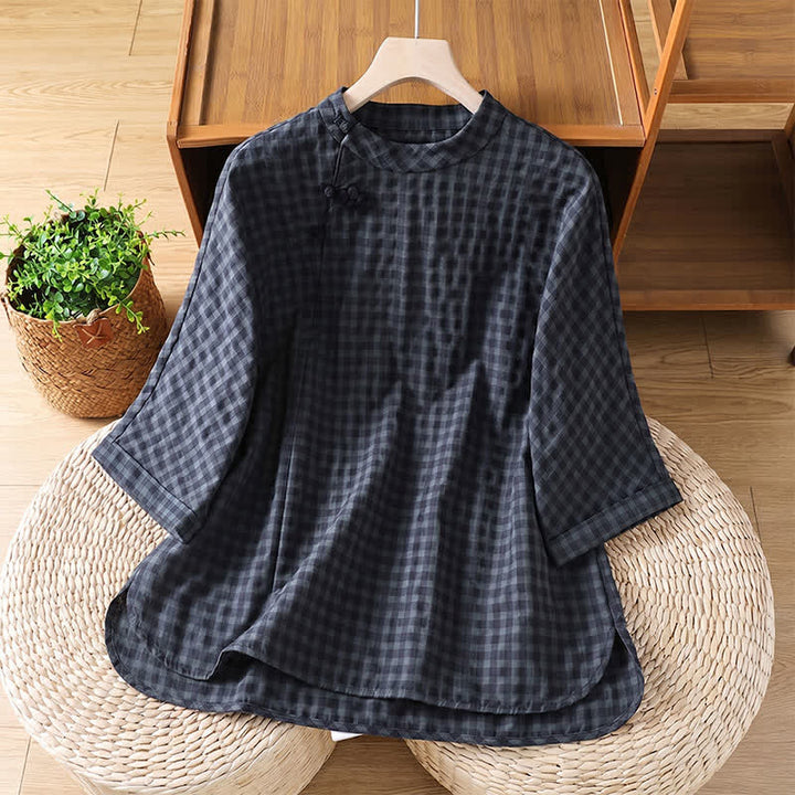 Buddha Stones Camisas de manga tres cuartos para mujer, estilo casual Tang, con cuello mandarín y estampado a cuadros negros, ideales para primavera y verano. - Gris pizarra oscuro - US8-10, UK/AU12-14, EU40-42 (2XL) - image 0