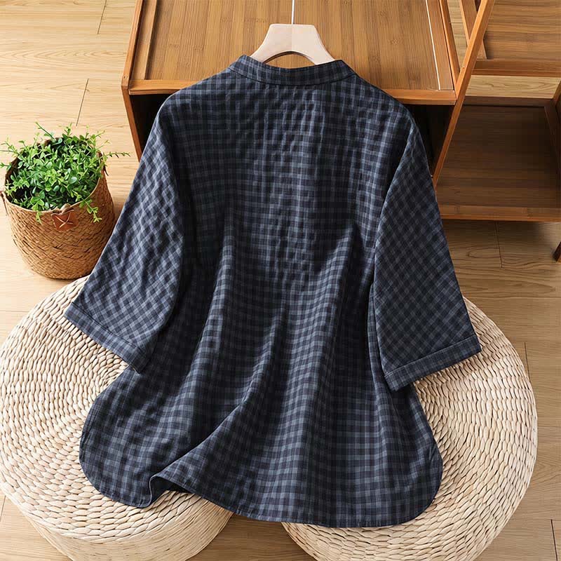 Buddha Stones de manga tres cuartos para mujer, estilo casual Tang, con cuello mandarín y estampado a cuadros negros, ideales para primavera y verano. - image 1