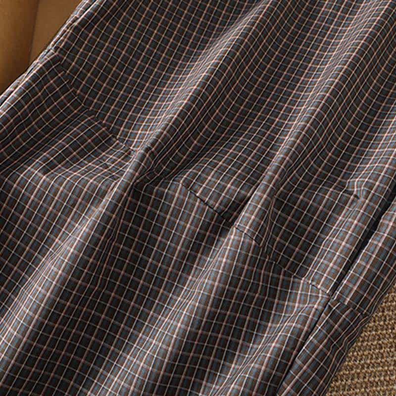 Buddha Stones Pantalones cortos casuales de cuadros marrones para mujer, estilo primavera-verano, de pierna ancha y con bolsillos. - image 8