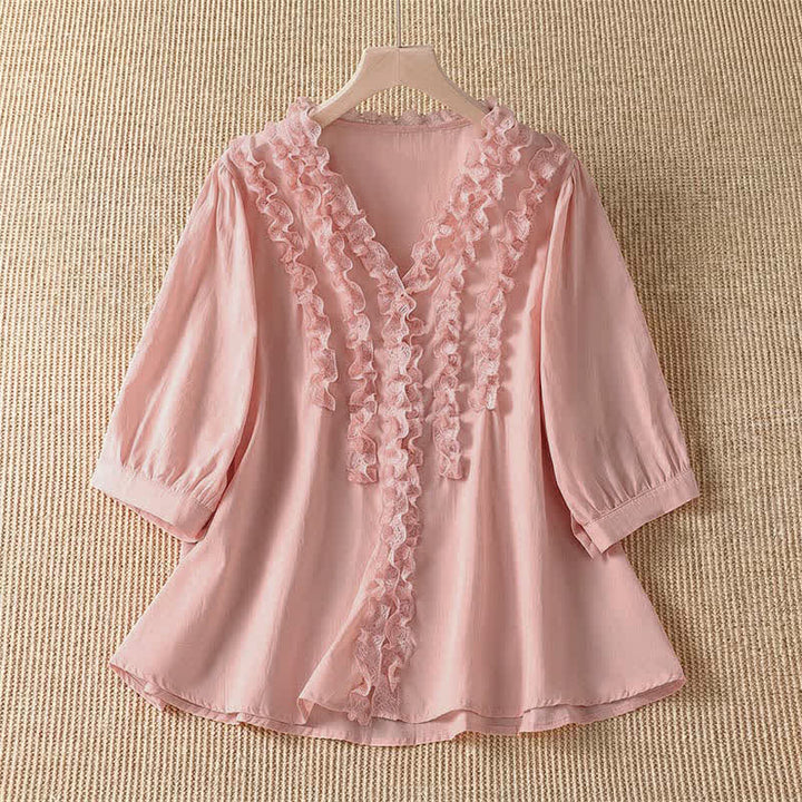 Buddha Stones Camisa de manga tres cuartos para mujer, estilo casual de verano, elegante, con cuello en V, volantes y diseño de capas. - rosa claro - US8-10, UK/AU12-14, EU40-42 (XL) - image 0