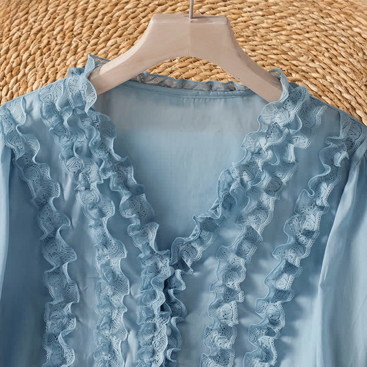Buddha Stones Camisa de manga tres cuartos para mujer, estilo casual de verano, elegante, con cuello en V, volantes y diseño de capas. - image 11