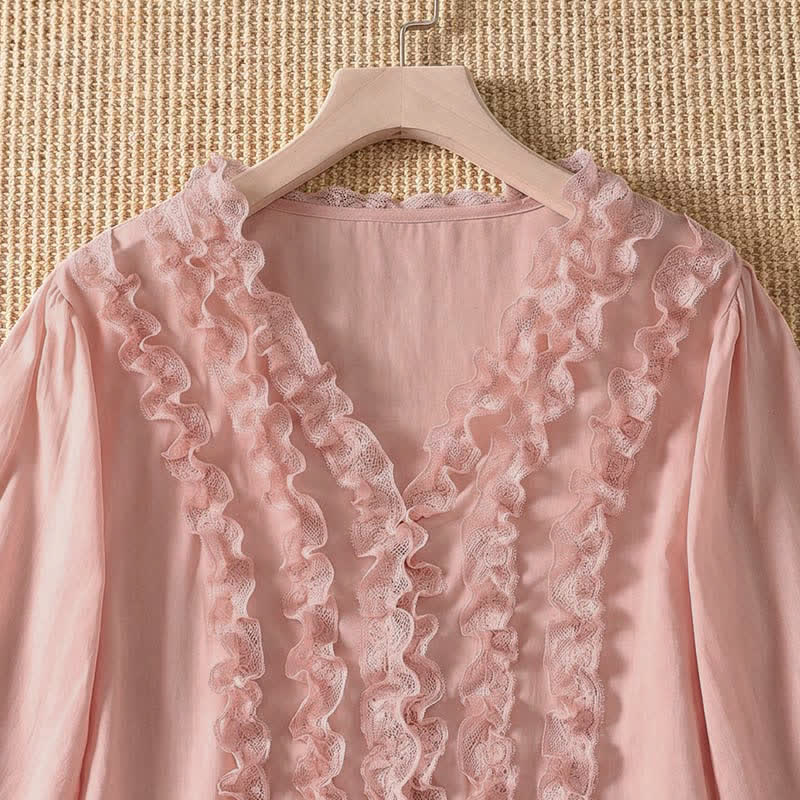 Buddha Stones Camisa de manga tres cuartos para mujer, estilo casual de verano, elegante, con cuello en V, volantes y diseño de capas. - image 3