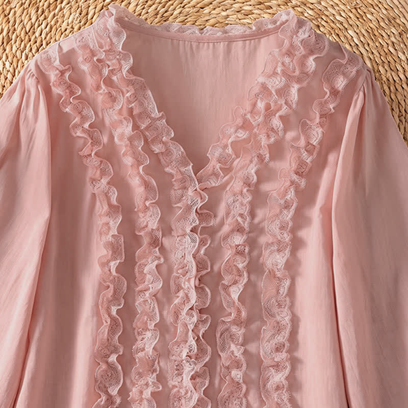 Buddha Stones Camisa de manga tres cuartos para mujer, estilo casual de verano, elegante, con cuello en V, volantes y diseño de capas. - image 5