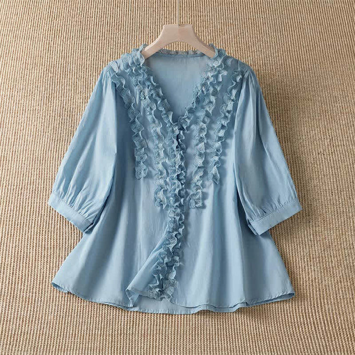Buddha Stones Camisa de manga tres cuartos para mujer, estilo casual de verano, elegante, con cuello en V, volantes y diseño de capas. - Azul cielo claro - US8-10, UK/AU12-14, EU40-42 (XL) - image 8