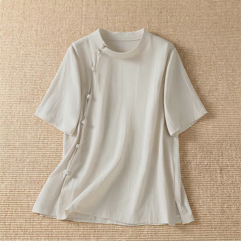 Buddha Stones Camisas de manga corta para mujer, estilo Tang, informales de verano, con cuello redondo y botones de rana. - Beige - US8-10, UK/AU12-14, EU40-42 (2XL) - image 5