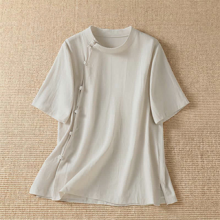 Buddha Stones Camisas de manga corta para mujer, estilo Tang, informales de verano, con cuello redondo y botones de rana. - Beige - US8-10, UK/AU12-14, EU40-42 (2XL) - image 5