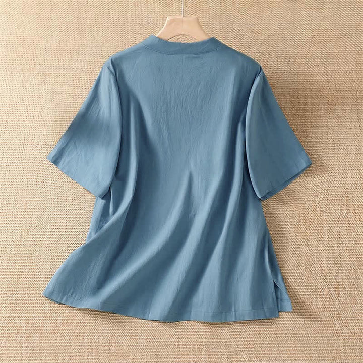 Buddha Stones Camisas de manga corta para mujer, estilo Tang, informales de verano, con cuello redondo y botones de rana. - image 1
