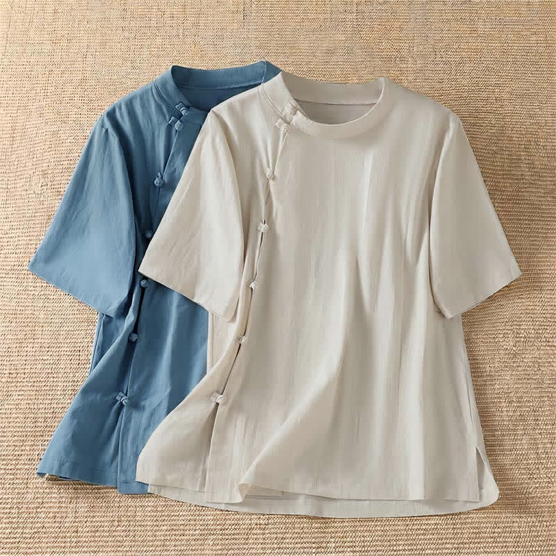 Buddha Stones Camisas de manga corta para mujer, estilo Tang, informales de verano, con cuello redondo y botones de rana. - image 14