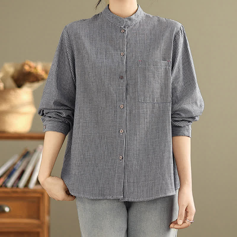 Buddha Stones Camisas de manga larga para mujer estilo Tang casual de verano con cuello mandarín y rayas, con bolsillo de parche. - image 2