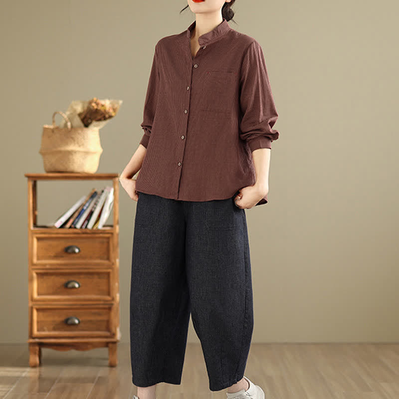 Buddha Stones Camisas de manga larga para mujer estilo Tang casual de verano con cuello mandarín y rayas, con bolsillo de parche. - image 14
