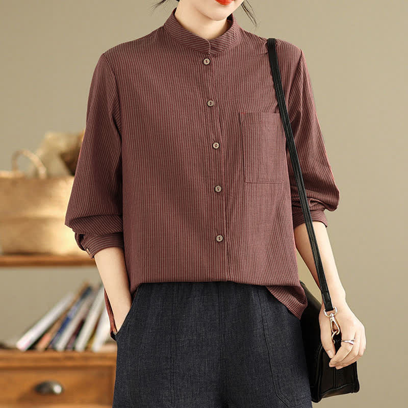 Buddha Stones Camisas de manga larga para mujer estilo Tang casual de verano con cuello mandarín y rayas, con bolsillo de parche. - Granate - US8-10, UK/AU12-14, EU40-42 (2XL) - image 8