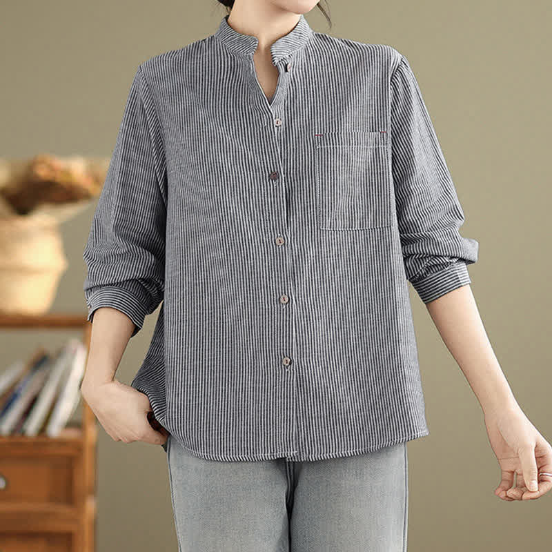Buddha Stones Camisas de manga larga para mujer estilo Tang casual de verano con cuello mandarín y rayas, con bolsillo de parche. - image 5