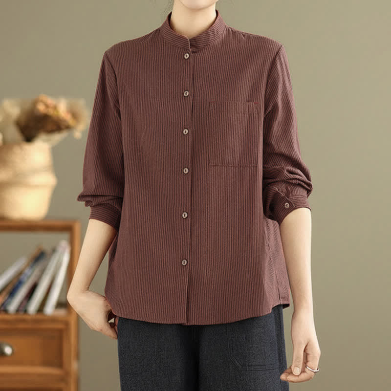 Buddha Stones Camisas de manga larga para mujer estilo Tang casual de verano con cuello mandarín y rayas, con bolsillo de parche. - image 9