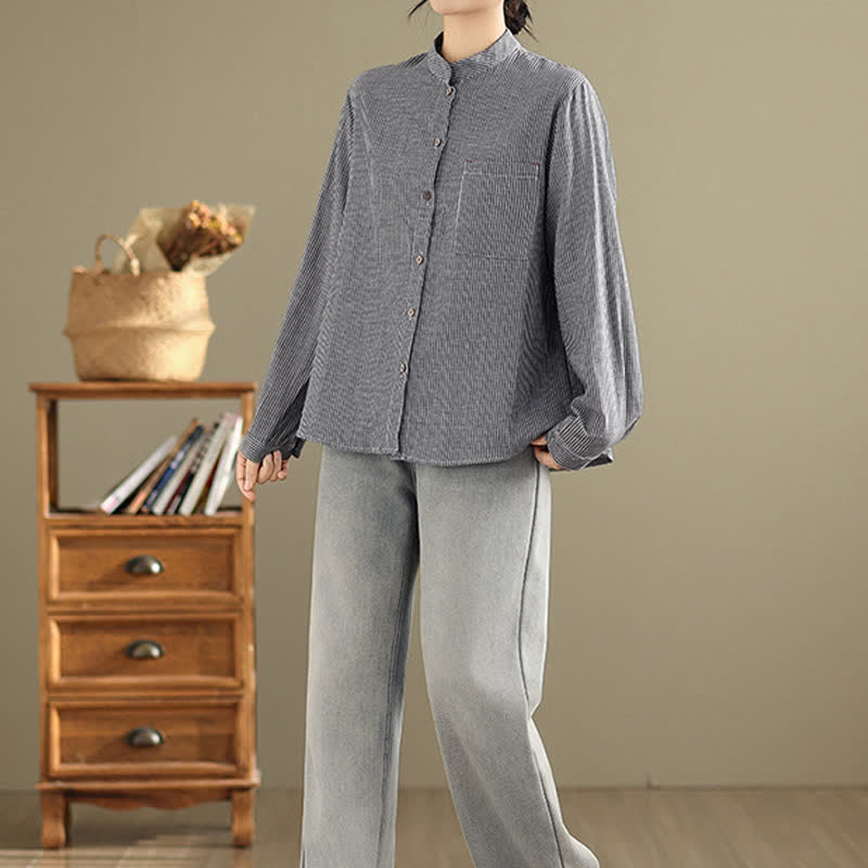 Buddha Stones Camisas de manga larga para mujer estilo Tang casual de verano con cuello mandarín y rayas, con bolsillo de parche. - image 7