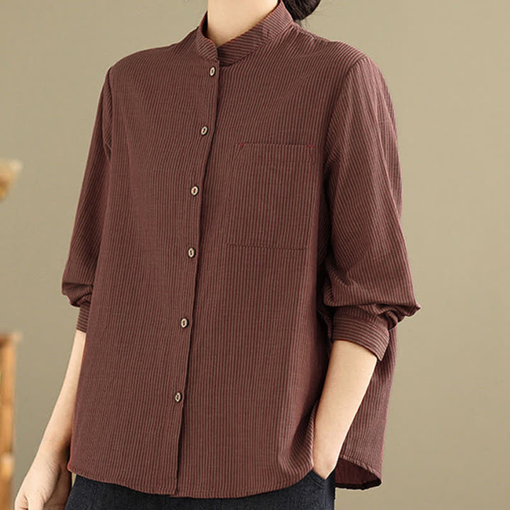 Buddha Stones Camisas de manga larga para mujer estilo Tang casual de verano con cuello mandarín y rayas, con bolsillo de parche. - image 12