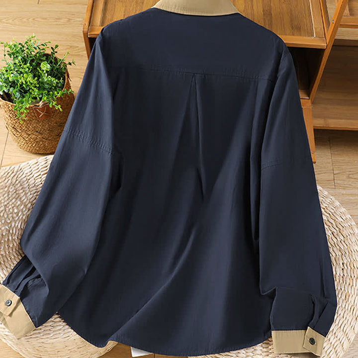 Buddha Stones Camisas de manga larga para mujer, estilo casual de verano, minimalistas, lisas, con ribete de contraste y bolsillo de parche. - image 1