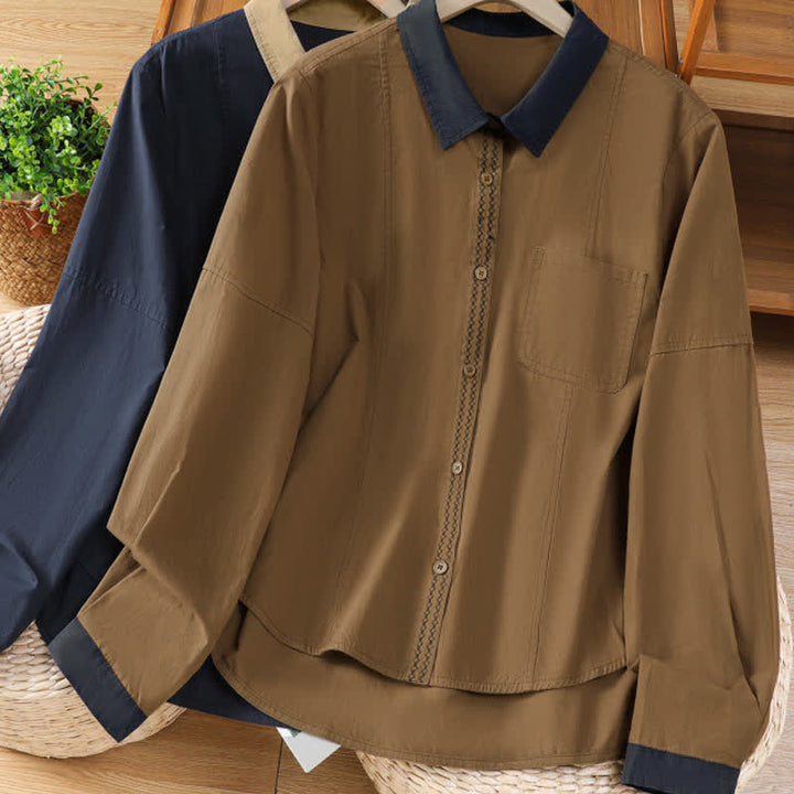 Buddha Stones Camisas de manga larga para mujer, estilo casual de verano, minimalistas, lisas, con ribete de contraste y bolsillo de parche. - image 19