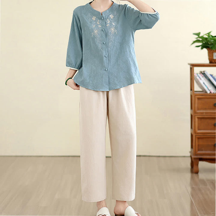 Buddha Stones Camisas de manga tres cuartos para mujer, estilo vintage Tang, con bordado floral, ideales para el verano. - image 21