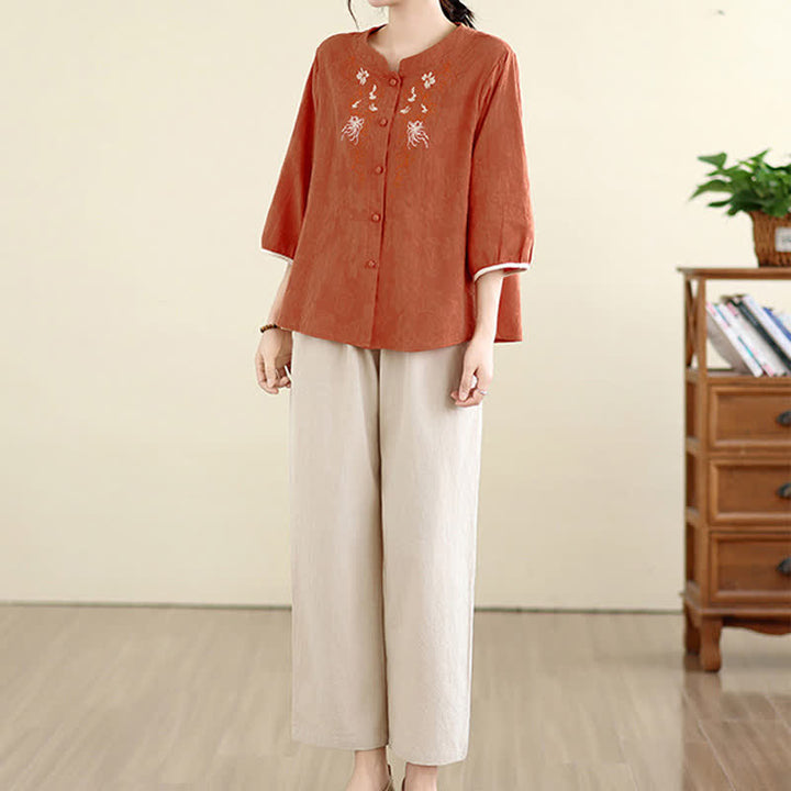 Buddha Stones Camisas de manga tres cuartos para mujer, estilo vintage Tang, con bordado floral, ideales para el verano. - image 12