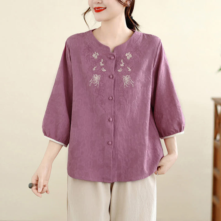 Buddha Stones Camisas de manga tres cuartos para mujer, estilo vintage Tang, con bordado floral, ideales para el verano. - Rojo violeta pálido - US12, UK/AU16, EU44 (3XL) - image 0