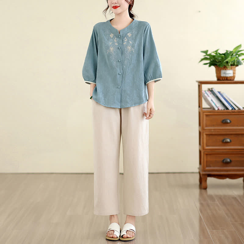 Buddha Stones Camisas de manga tres cuartos para mujer, estilo vintage Tang, con bordado floral, ideales para el verano. - image 22