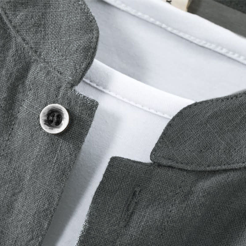 Buddha Stones Camisas de manga larga para hombre de estilo casual Tang con cuello mandarín, color liso, para primavera/verano, con bolsillo. - image 6