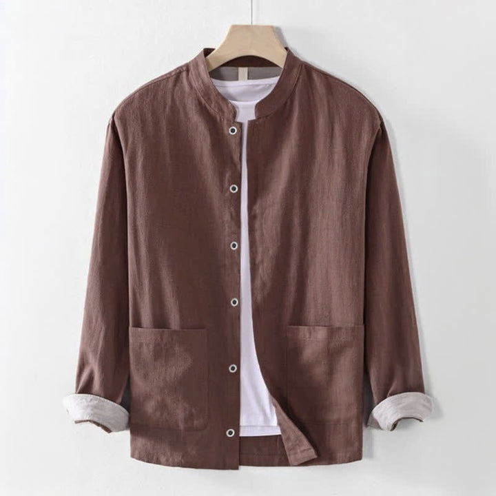 Buddha Stones Camisas de manga larga para hombre de estilo casual Tang con cuello mandarín, color liso, para primavera/verano, con bolsillo. - Tierra de siena - US/UK/AU44, EU54 (4XL) - image 0