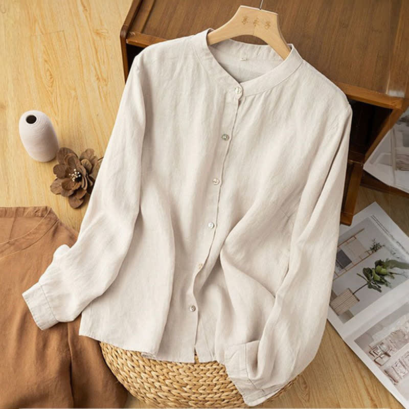 Buddha Stones Camisas de manga larga para mujer, estilo casual de otoño, con cuello mandarín y color liso. - image 19