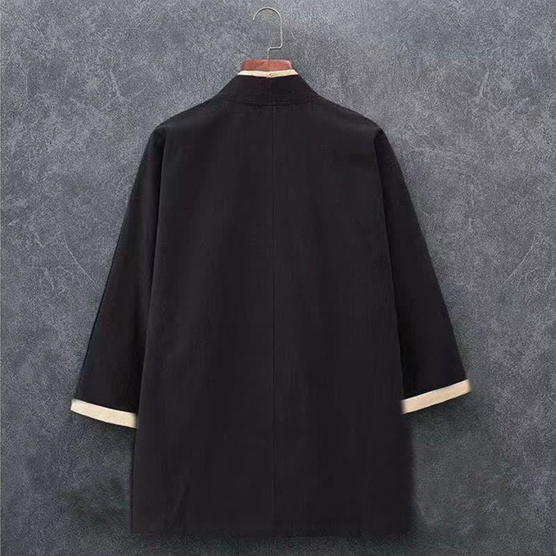 Buddha Stones Kimono de hombre de algodón liso con mangas tres cuartos, estilo casual minimalista, con botones y nudo, ideal para primavera y verano. - image 3