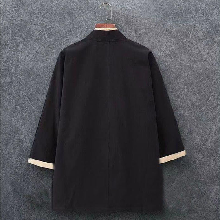 Buddha Stones Kimono de hombre de algodón liso con mangas tres cuartos, estilo casual minimalista, con botones y nudo, ideal para primavera y verano. - image 3