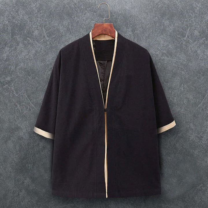 Buddha Stones Kimono de hombre de algodón liso con mangas tres cuartos, estilo casual minimalista, con botones y nudo, ideal para primavera y verano. - Negro - US/UK/AU46, EU56 (5XL) - image 2