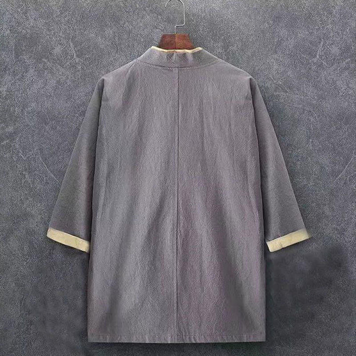 Buddha Stones Kimono de hombre de algodón liso con mangas tres cuartos, estilo casual minimalista, con botones y nudo, ideal para primavera y verano. - image 9