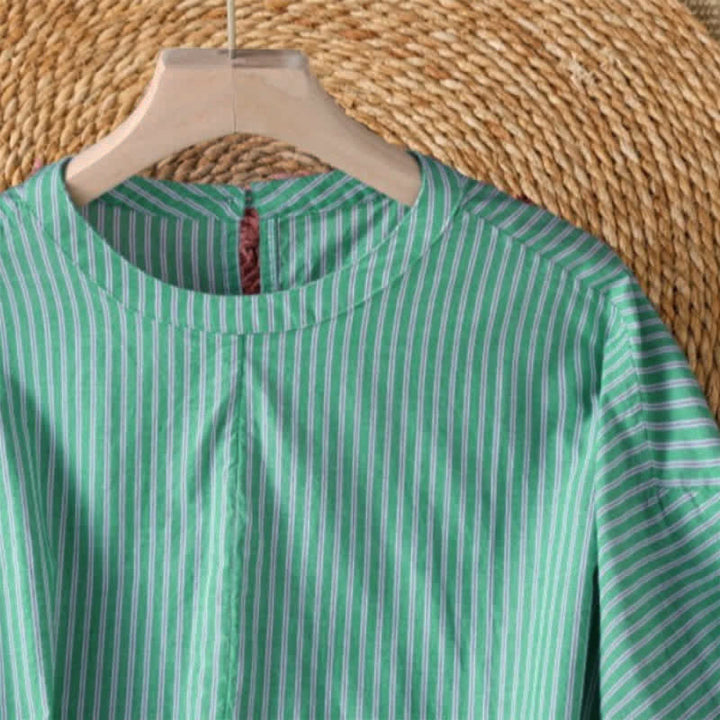 Buddha Stones Camiseta de manga larga para mujer, estilo casual de primavera, minimalista, a rayas verdes y cuello redondo. - image 5