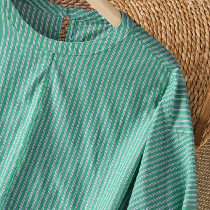 Buddha Stones Camiseta de manga larga para mujer, estilo casual de primavera, minimalista, a rayas verdes y cuello redondo. - image 6
