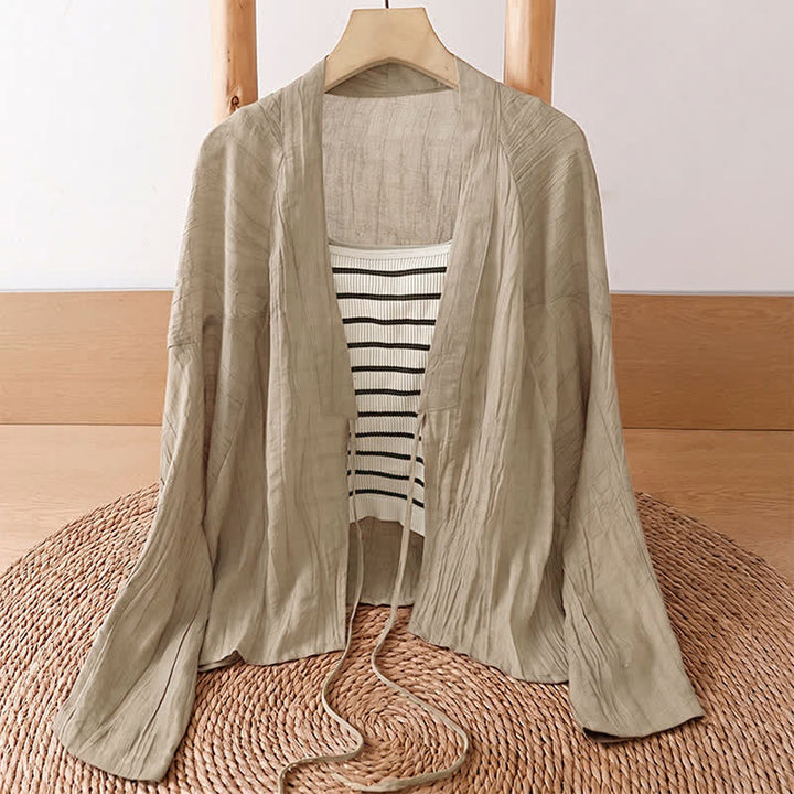 Buddha Stones Kimono de mujer liso con cordón, diseño arrugado y estilo bohemio informal de verano para mujer. - image 2