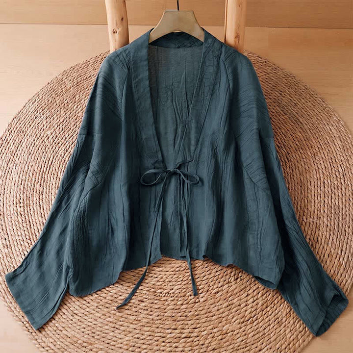 Buddha Stones Kimono de mujer liso con cordón, diseño arrugado y estilo bohemio informal de verano para mujer. - Verde azulado - US14, UK/AU18, EU46 (2XL) - image 10