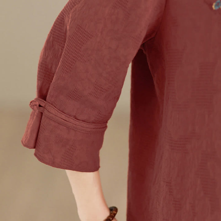 Buddha Stones Camisas de manga larga para mujer con cuello mandarín y bordados estilo vintage Tang para primavera/verano. - image 5