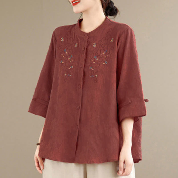 Buddha Stones Camisas de manga larga para mujer con cuello mandarín y bordados estilo vintage Tang para primavera/verano. - image 4