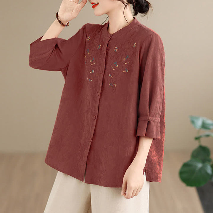 Buddha Stones Camisas de manga larga para mujer con cuello mandarín y bordados estilo vintage Tang para primavera/verano. - image 2