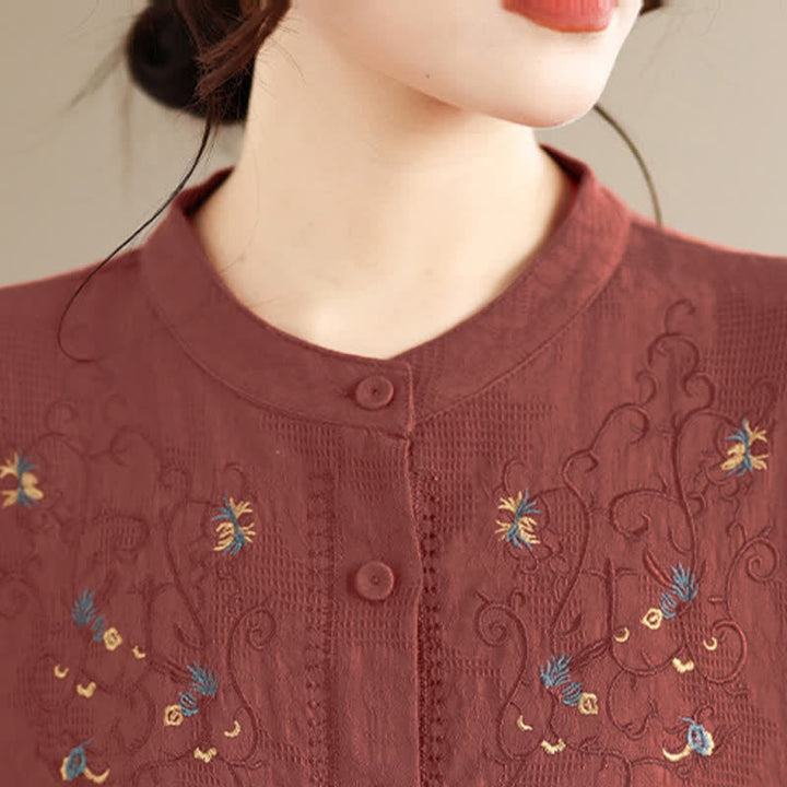 Buddha Stones Camisas de manga larga para mujer con cuello mandarín y bordados estilo vintage Tang para primavera/verano. - image 6